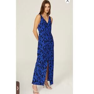 SAUNDERS Blue Floral Black A-Line V-Neck Sleeveless Greta Dress size 0